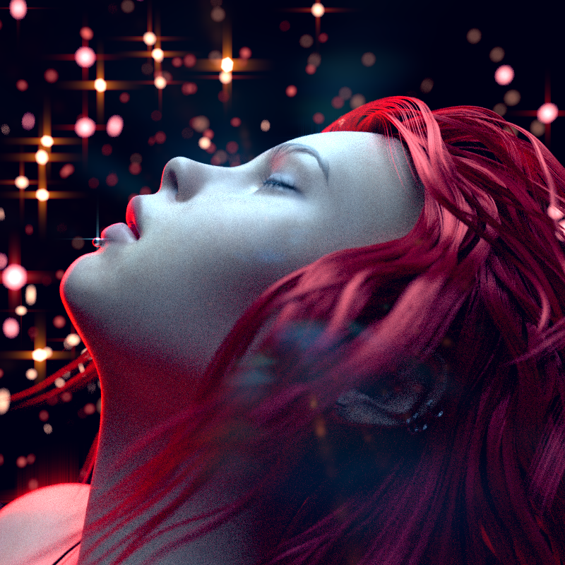 Visage d'une jeune femme aux cheveux rouge qui a la tête levée vers ce qui semble être un ciel d'étoiles très lumineuses.
