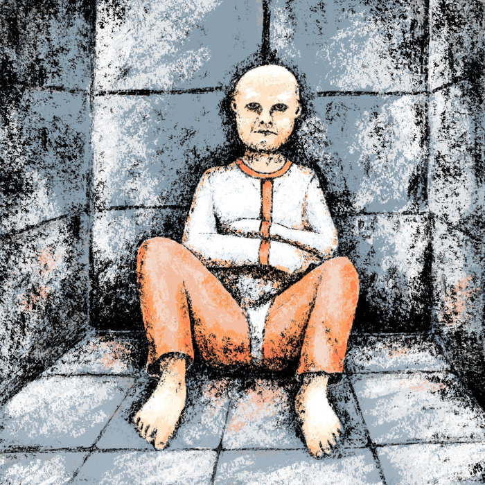 Dessin d’un homme assis en camisole, dans une cellule.