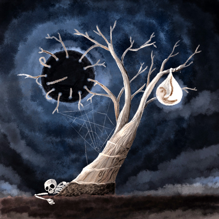 Dessin surréaliste d’un arbre, d’une toile d’araignée, d’un mort, d’un fœtus et d’une horloge représentant un trou noir.
