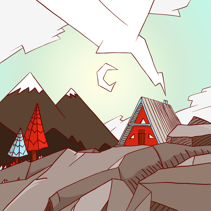 Paysage de montagne avec maison en A avec formes angulaires.