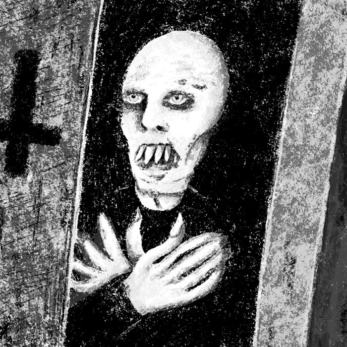 Bernard le vampire crevé de 3000 ans, dans son cercueil.