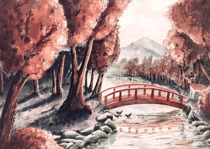 Paysage de nature où coule une rivière paisible. Un pont japonais permet de la traverser. Sur la rive droite se tient un daim.