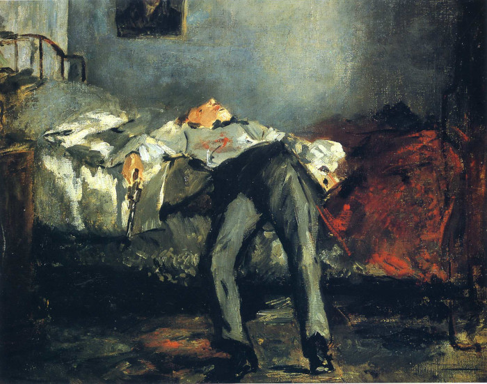 Peinture d'un homme mort sur un lit.