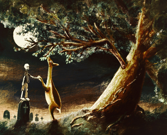 Scène de nuit dans un cimetière éclairé par la lune. Un squelette humain monté sur une pierre tombale aide un gérénuk à manger les feuilles d’un arbre.
