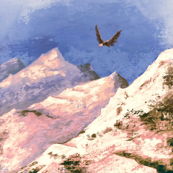 Montagnes enneigées et oiseau en vol.