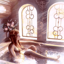 Dessin d’une jeune femme nue assise dans son bain. Une lumière divine passe par les deux fenêtres.