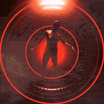 Image de synthèse 3D. Scanner tridimensionnel dans lequel flotte une femme cybernétique. Des éclairs jaillissent. Au fond, l’œil de HAL observe. Teintes rouges.