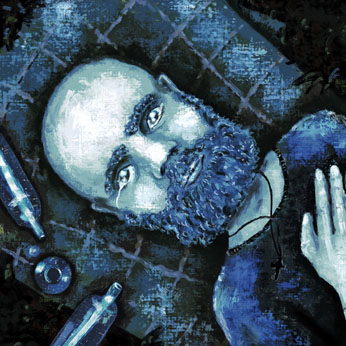 Peinture d’un homme ivre et triste allongé au clair de lune (teintes bleues).