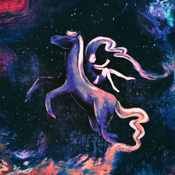 Peinture d’une fille et son cheval qui créaient les nébuleuses dans des teintes roses, violettes, oranges qui donnent une touche de magie ou de rêve.
