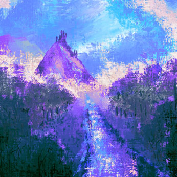 Peinture d’un paysage de nature avec forêt et rivière enchantées. Au loin se tient une colline violette avec un chateau. Le ciel est bleu.