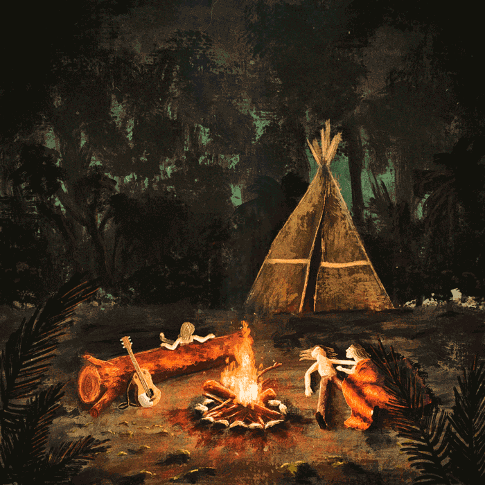 Tente tipi et trois personnes endormies autour d’un feu, la nuit dans la jungle. Animation des flammes, des braises et des effets de lumière.