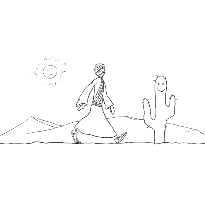 Animation en fil de fer d’un marcheur enrubanné dans le désert. Un cactus et le soleil lui sourient.