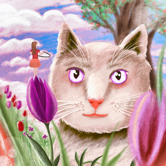Animation d’une fillette qui saute à la corde, en jupe, sur une tulipe violette, sous le regard d’un gros chat gentil. Dessin aux crayons de couleurs dans un style presque enfantin.