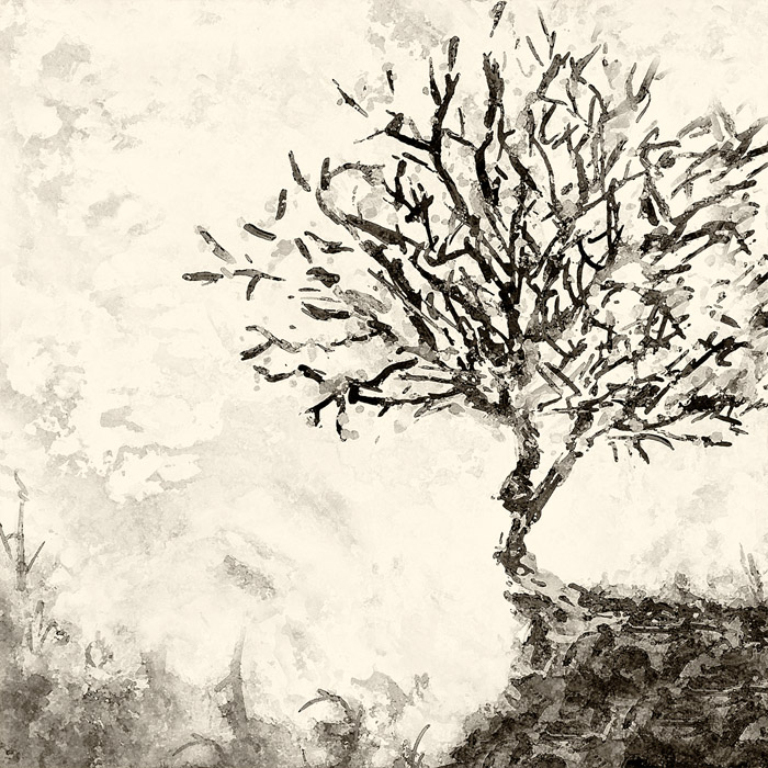 Peinture d'un arbre sur une petite colline, noir et blanc.