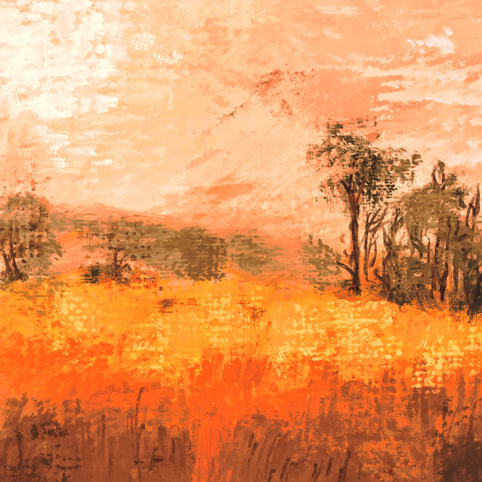 Peinture de champs flamboyants avec quelques arbres.