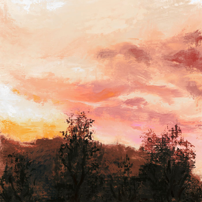 Peinture de cimes d'arbres, de reliefs montagneux et ciel de crépuscule.