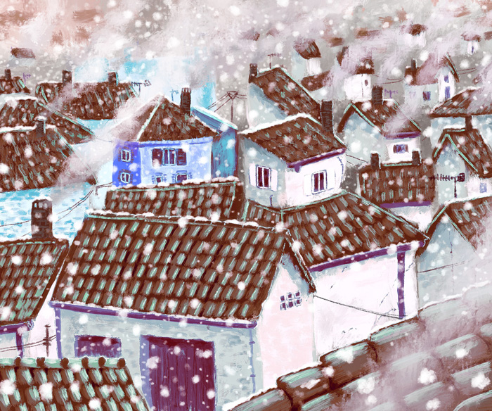Ville vue d’un toit en hiver sous la neige.