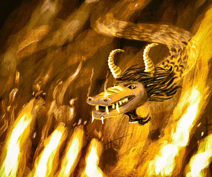 Dragon avec petit air de satisfaction à la vue de la ville incendiée par son œuvre.