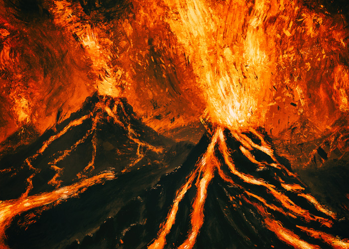 Vision de volcans en éruption au temps de l’Hadéen (formation de la Terre).