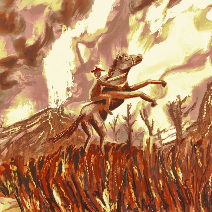 Homme sur cheval dans un paysage nerveux (volcan, ciel de feu)