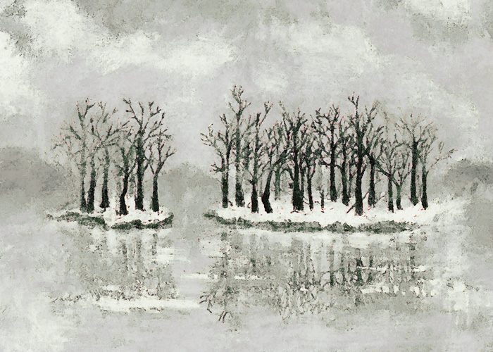 Deux îlots d’arbres nus sous un ciel neigeux.