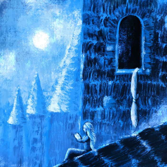 Nuit bleue et princesse sur un toit de ville fortifiée.