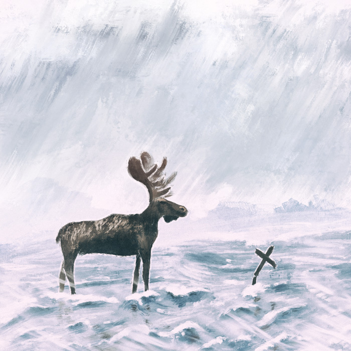 Élan dans la neige arrêté devant une croix. Lui résiste au climat, l’humain en meurt.