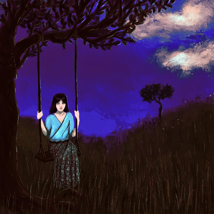 Yoshiko Sai sur une balançoire dans un décor semblable à la jaquette de Mangekyou (prairie ondulée au soir et hautes herbes).