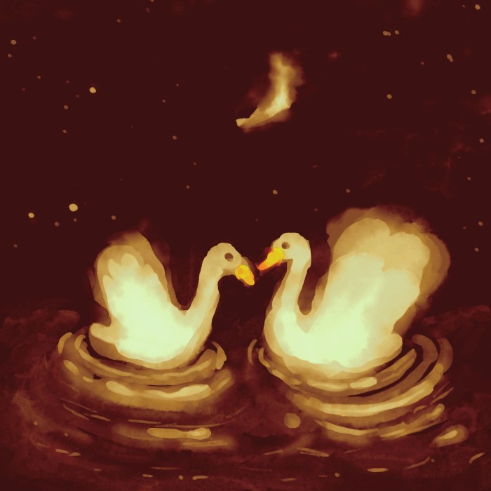 Aquarelle de deux cygnes sur l'eau, sous la lune, la nuit.