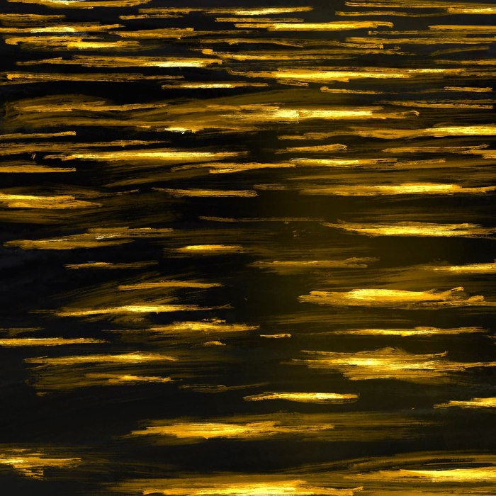 Peinture de vagues noires illuminées par les derniers instants de soleil.