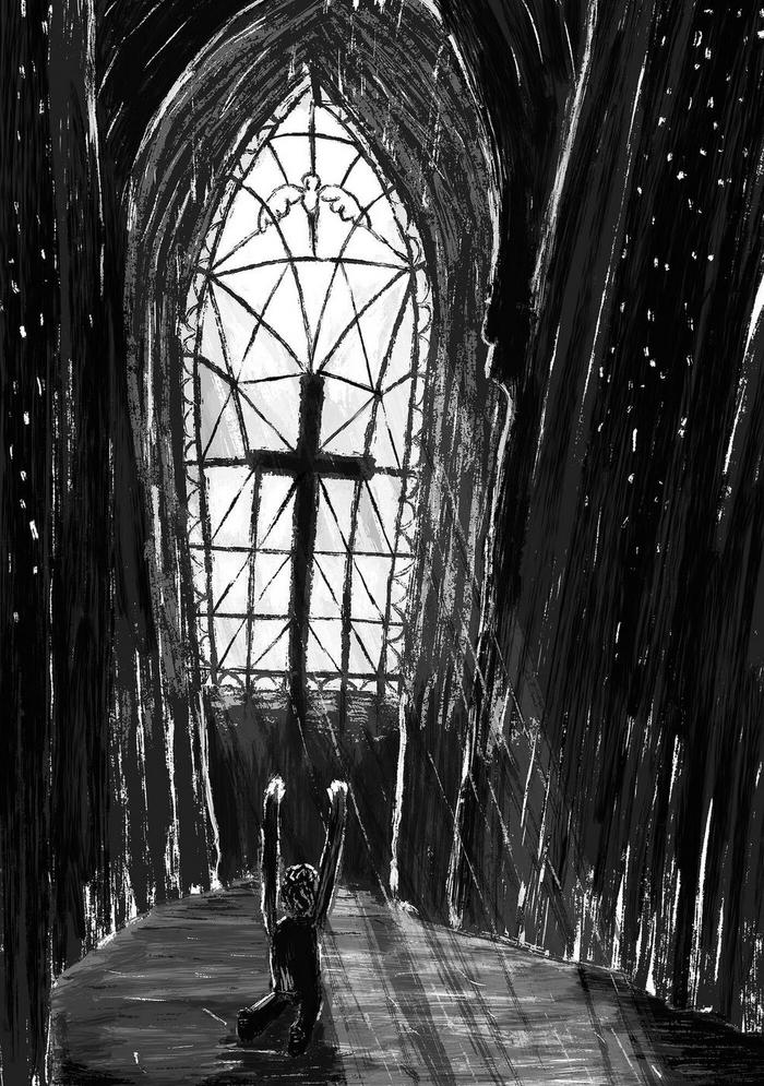 Dessin en noir et blanc d'un suppliant agenouillé face au vitrail comportant une croix, dans un monument religieux.