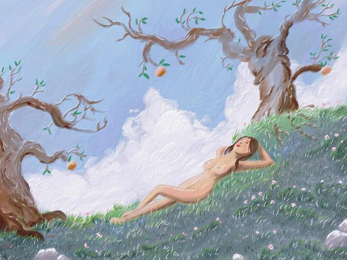 Jeune femme nue dans l'herbe d'un verger. Peinture à la gouache.