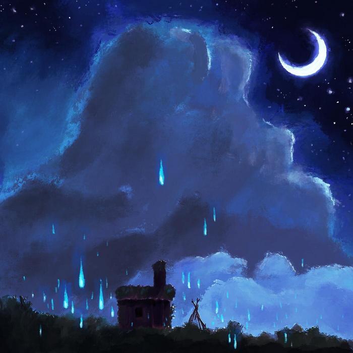 Peinture d'un paysage nocturne avec cabanon sur tapis d'herbe. De gros nuages menancent au loin, mais la Lune en croissant demeure visible. Des feu-follets en forme de gouttes bleues flottent au premier plan.