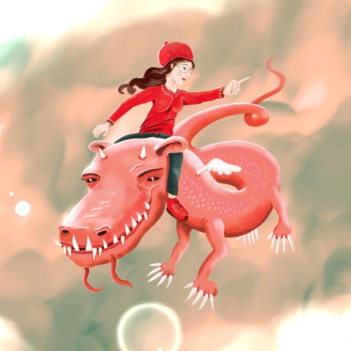 Dragon rose dragonné par une fille qui indique une direction.
