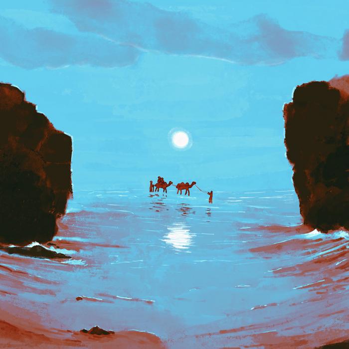 Deux chameaux et deux hommes s’avancent sur la mer, là où ils ont pieds, sous l’éclairage de la lune.