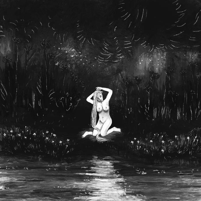 Tableau noir et blanc qui représente une femme se recoiffant, nue, à la sortie de l’eau de la rivière aux abords d’une forêt dense, la nuit. Elle resplendit.