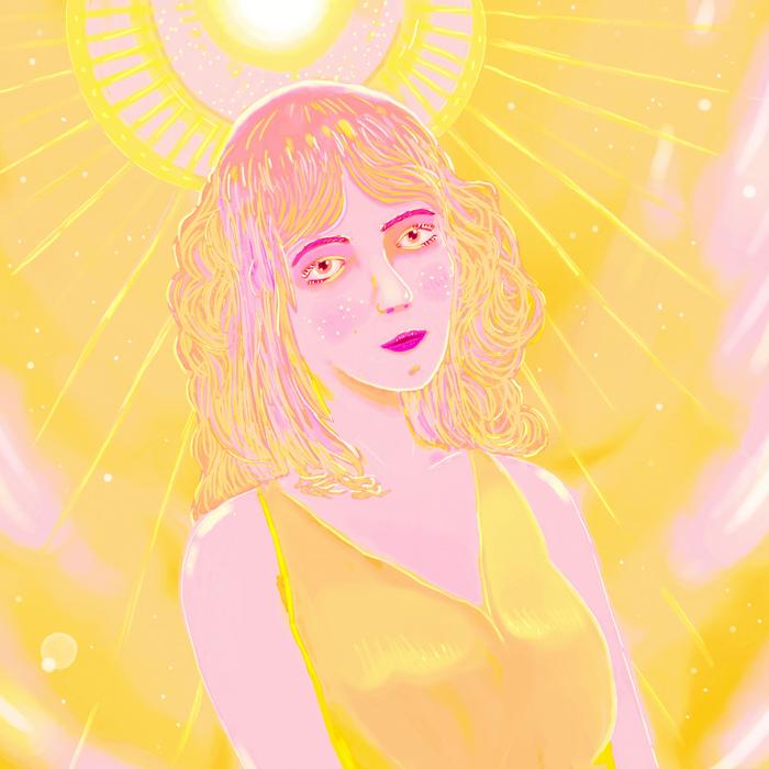 Portrait d'une jeune femme aux couleurs blondes et roses. Une auréole divine la sublime de jaune.